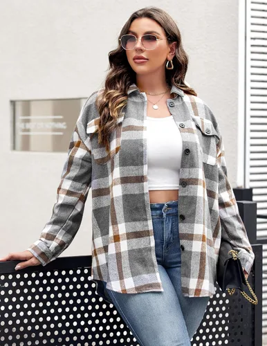 Vista 3 de IN'VOLAND Chaqueta de franela a cuadros de manga larga con botones para mujer, tallas grandes, blusas casuales de otoño