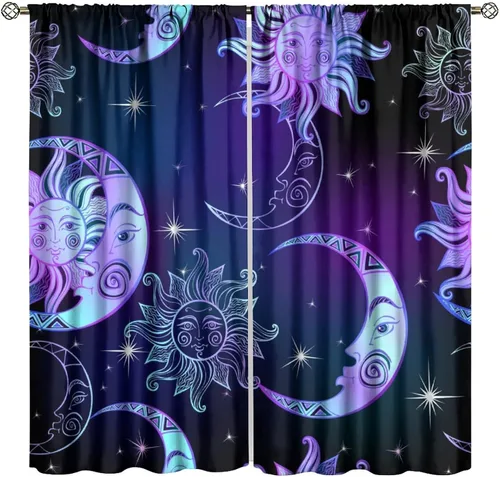 Vista 29 de Cortinas opacas con diseño de sol y luna, cuerpos celestes bohemios, con diseño de sol, luna y estrellas, para sala de estar, dormitorio, 42 x 45