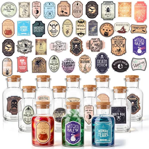 Vista 9 de Baderke 24 botellas de poción de vidrio de Halloween con calcomanías