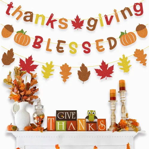 Vista 3 de Decoraciones de Acción de Gracias: Cartel brillante de agradecimiento y bendición, guirnalda de hojas de otoño para decoración de Acción de Gracias