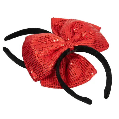 Vista 2 de CHuangQi Diademas de lazo rojo con lentejuelas de doble cara para niñas y mujeres, lindas bandas para el cabello hechas a mano para fiestas o cosplay