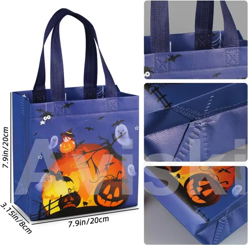 Vista 3 de Aviski 16 bolsas de Halloween para dulce o truco, pequeñas bolsas de regalo no tejidas con asas para envolver regalos, suministros de fiesta