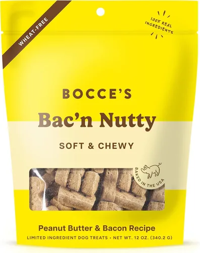 Vista 19 de Bocce's Bakery Bac'n Nutty - Golosinas suaves y masticables para perros, sin trigo con sabor a mantequilla de maní y tocino, galletas naturales