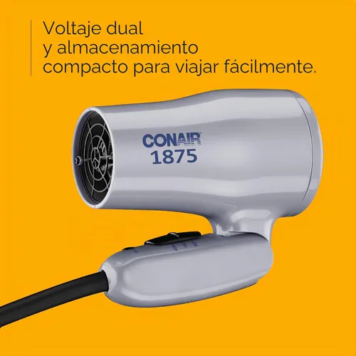 Vista 4 de Secador de pelo compacto Conair con mango plegable, secador de viaje de 1875 W con accesorios difusor y concentrador, 2 ajustes de calor y 2
