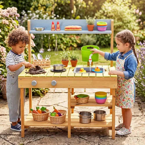 Vista 10 de Costzon Cocina de madera para niños, cocina de barro al aire libre con fregadero extraíble, caja de agua y grifo, parte superior de la estufa