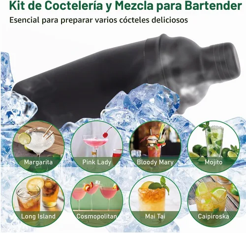Vista 6 de Juego de coctelera para barman con soporte giratorio de bambú, juego de 11 piezas de accesorios de bar de acero inoxidable para mezclar bebidas