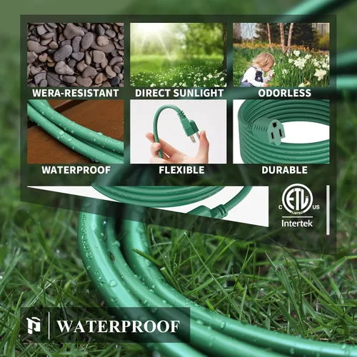 Vista 5 de PLUGTUL Cable de extensión para exteriores de 6 pies, impermeable, calibre 16/3, color verde, resistente, 3 puntas, 13 A, 1625 W, SJTW