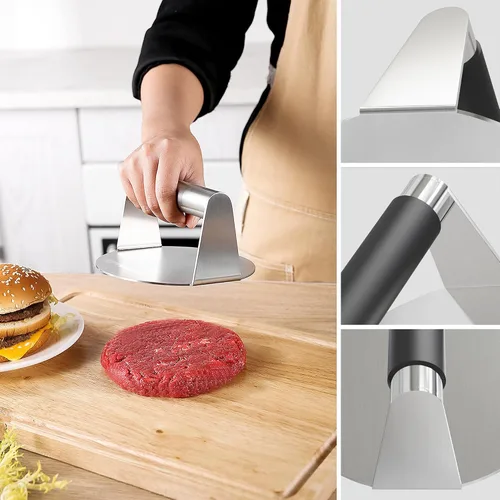 Vista 7 de Prensa de hamburguesas con mango antiquemaduras, prensa de hamburguesas de acero inoxidable, prensa de hamburguesas para plancha, prensa de tocino