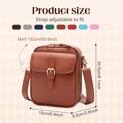 Vista 6 de Bolso bandolera de cuero, bolso mensajero de doble capa de gran capacidad, de cuero sintético retro con monedero incorporado, bolsa antirrobo
