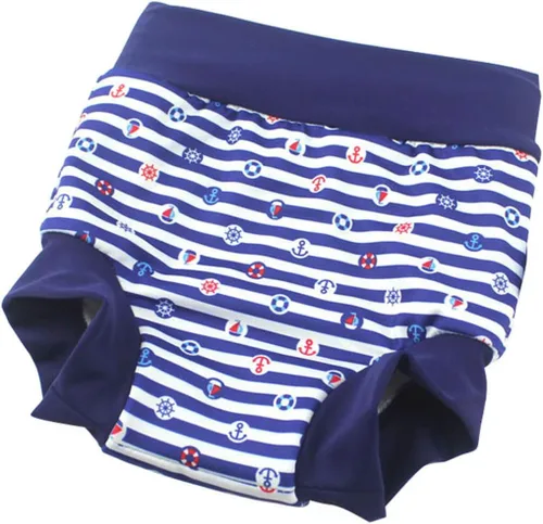 Vista 3 de Leideur Pañales de natación para bebé para niños, pantalones cortos de natación de cintura alta (2-3 años, rayas azul marino + peces)