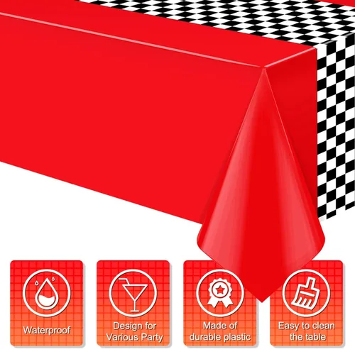 Vista 3 de Paquete de 3 manteles de plástico de auto de carreras, mantel desechable a cuadros rojos y negros, mantel rectangular a cuadros de búfalo