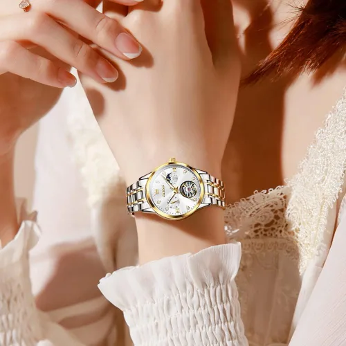 Vista 6 de OLEVS Reloj automático para mujer, de lujo, con cuerda automática, de diamante, de acero inoxidable, de fase lunar, impermeable, esfera azul luminosa