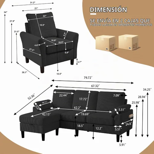 Vista 4 de Juego de sofá de pana de 3 piezas para sala de estar con sofá, otomana de almacenamiento y silla individual
