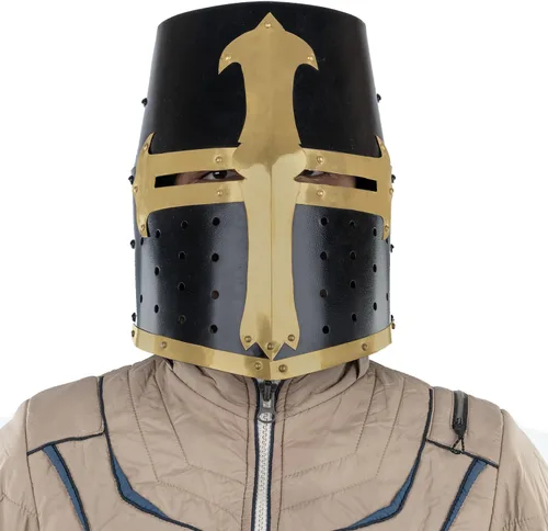 Vista 4 de Chainmail Medieval Crusader Knight Templar Helmet Armadura cruzada de acero y latón