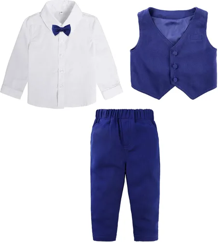 Vista 2 de A&J DESIGN Conjunto de traje de caballero para niños pequeños, 3 piezas, camisas, chaleco y pantalones