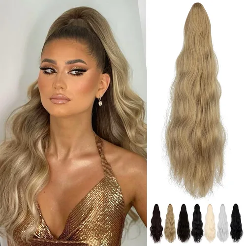 Vista 7 de Extensión de cola de caballo de 18 pulgadas, extensiones de cola de caballo sintéticas de aspecto natural, extensiones de cabello para mujer, rubio