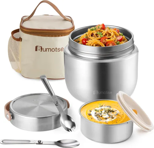 Vista 9 de Tarro de comida aislado de 40 onzas con 2 compartimentos, termo a prueba de fugas para comida caliente, boca ancha, acero inoxidable, incluye Negro