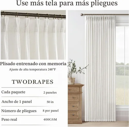 Vista 5 de TWODRAPES Pinch - Cortinas plisadas de lino semitransparente color beige de Beige Blanco