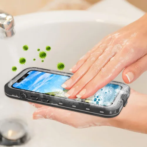 Vista 2 de Funda para teléfono impermeable Compatible con iPhone 13, Funda de teléfono a prueba de agua, golpes y polvo IP68 con protector de pantalla Negro