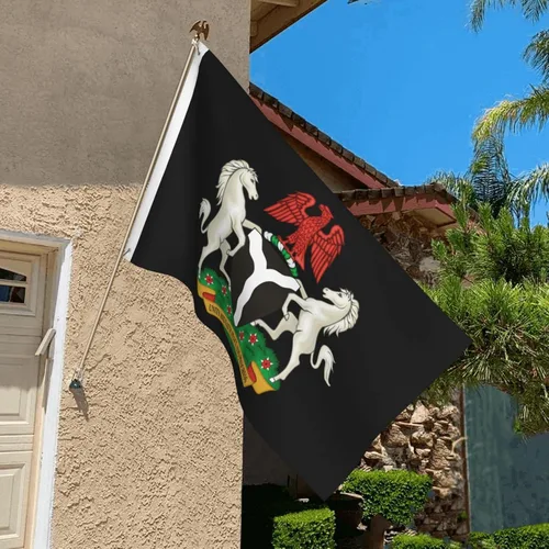 Vista 3 de Bandera de Nigeria con escudo de armas de Nigeria de 3 x 5 pies, banderas de doble cara para exteriores, banderas decorativas duraderas para patio