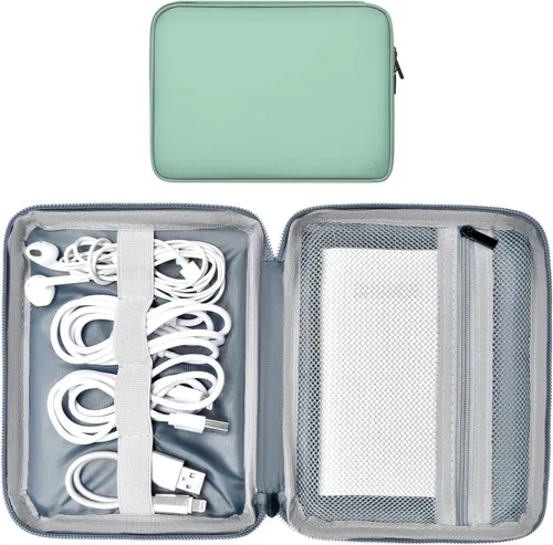 Vista 19 de Organizador de cables de cuero para viaje, impermeable, organizador de cables de viaje, portátil, organizador técnico, estuche de viaje para Verde