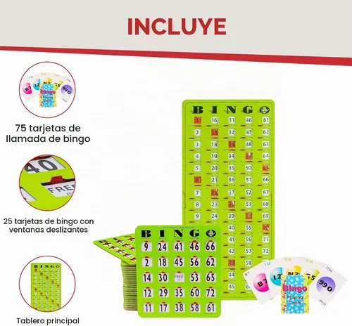 Vista 3 de MR CHIPS Juego completo de bingo con tarjetas obturadoras a prueba de atascos, edición verde de fácil lectura, 25 tarjetas de bingo reutilizables