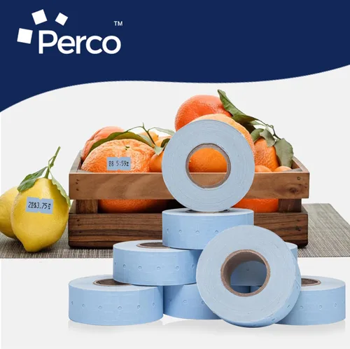 Vista 6 de Etiquetas azules Perco de 1 línea - 8 rollos, 1 funda, 8,000 etiquetas en blanco para pistolas de precio y fecha de 1 línea Perco - Fabricadas