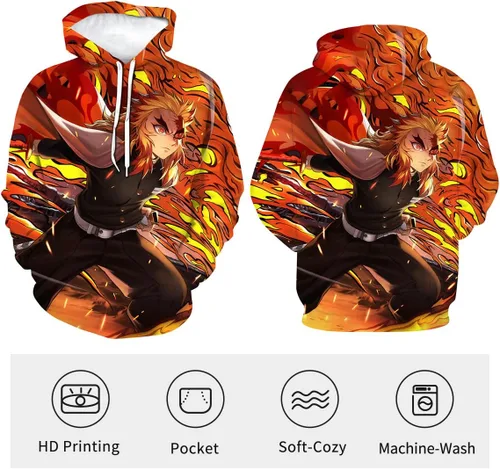 Vista 3 de RASBCTK Demon Rengoku Shinjurou Slayer Hoodies Men's Flame Printed Sweatshirt 3D Hoodie Anime Cosplay Costumes