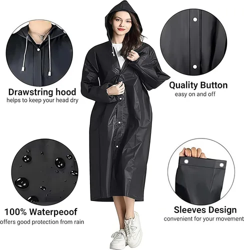 Vista 4 de Poncho de lluvia para adulto, paquete de 2 impermeables reutilizables de emergencia con capucha y cordón