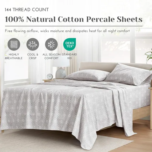 Vista 2 de Comfort Spaces Juego de sábanas de percal 100% algodón, 4 piezas, color Adelia Gris