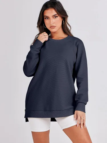 Vista 2 de ANRABESS - Sudadera de gran tamaño para mujer, cuello redondo, manga larga, tipo túnica, con cremallera lateral, sudadera con capucha, suéter