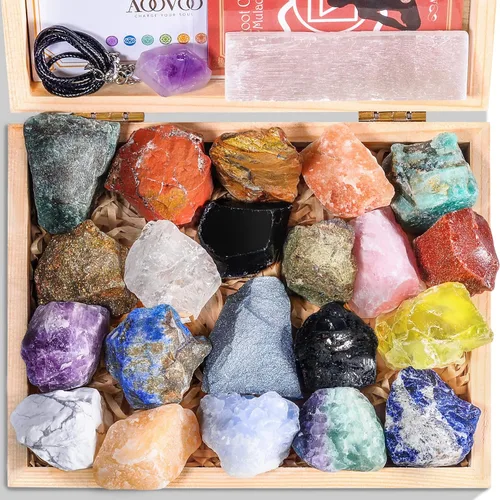 Vista 8 de AOOVOO Juego de 26 cristales y piedras curativas, juego de regalo de cristales curativos, 7 piedras preciosas crudas, 7 piedras preciosas caídas