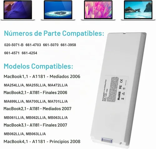 Vista 4 de Batería A1181 mejorada compatible con Apple MacBook A1185 de 13 pulgadas