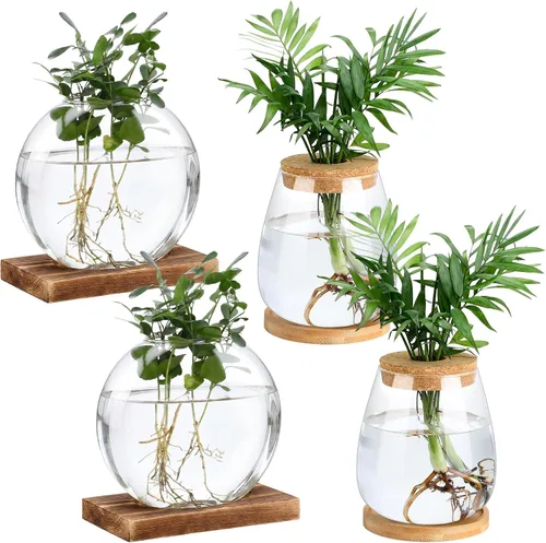 Vista 10 de Layhit 4 piezas de estaciones de propagación de plantas, jarrones de vidrio con tapa de madera y soporte de bambú para plantas hidropónicas, regalos