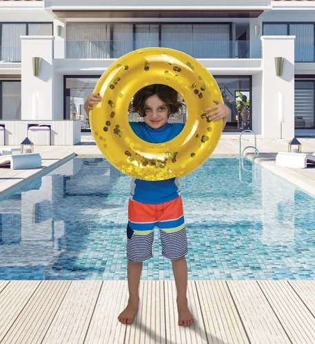 Vista 6 de Paquete de 4 flotadores inflables para piscina para niños, anillos flotantes de piscina rellenos de confeti brillante, lindos flotadores de piscina
