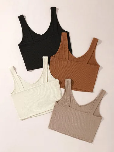 Vista 2 de Milumia Conjunto de 4 camisetas sin mangas con cuello en V de punto acanalado para mujer