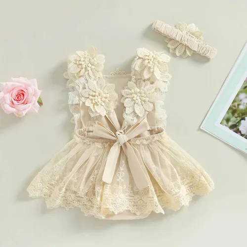 Vista 3 de Ropa de bebé niña Floral Boho Lace Romper Mameluco Mameluco Mono Mono Traje Verano Ropa Bebé Niñas