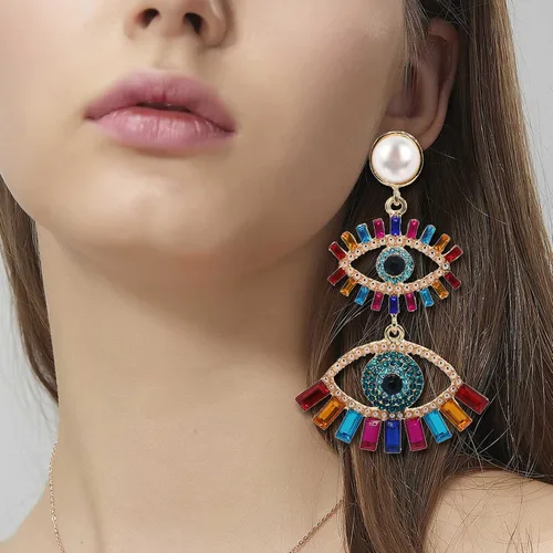 Vista 2 de Aretes colgantes de cristal para mujer, diseño de ojos malvados y divertidos, con diamantes de imitación abstractos y ojos colgantes, joyería