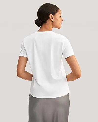 Vista 2 de LilySilk Camiseta básica de mezcla de algodón de seda para mujer, manga corta, cuello redondo, suave, simple, para verano