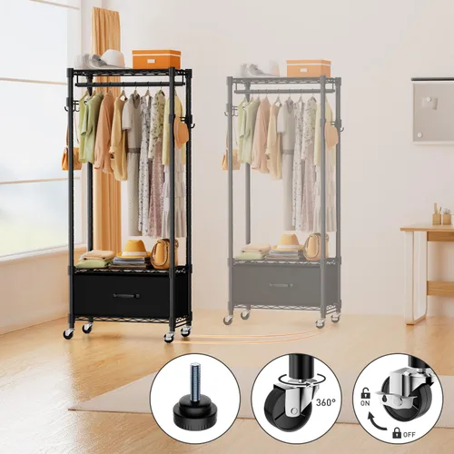Vista 5 de VyGrow Perchero de Ropa, Perchero de Ropa para Colgar Ropa, Sistema Organizador de Closet Ajustable de 3 Niveles con Cajón Barra para Colgar