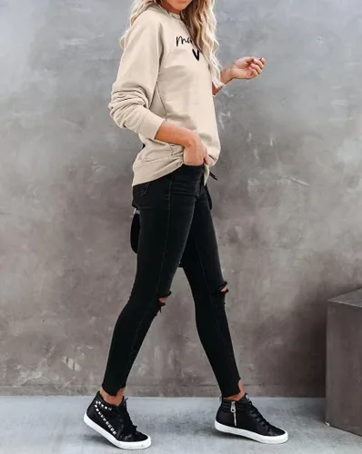 Vista 4 de Dressmine Sudadera casual de manga larga para mujer, cuello redondo, con gráficos, holgada, sin botones