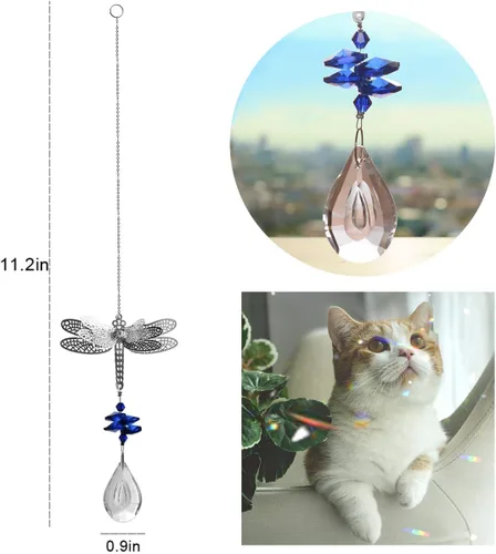 Vista 4 de WEISIPU Prisma atrapasoles de cristal – Atrapasoles de libélula para ventanas colgantes de arco iris, adorno de libélula de metal de cristal K9