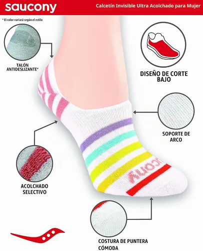 Vista 3 de Saucony 8 pares de calcetines invisibles acolchados para mujer. Rainbow Assorted (8 Pares)