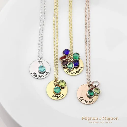Vista 6 de MignonandMignon Birthstone Disc Necklace Personalized Gift for Her Birthstone Amethyst Raw Stone Gift for Grandma - LCN-BS