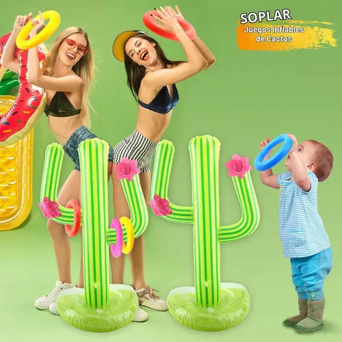 Vista 5 de 4 Set Inflatable Cactus Ring Toss Games Includes 4 Pcs 25 Inch Large Inflatable Cactus with 16 Pcs/ 20 Pcs Blow Up Ring Toss for Summer Pool Water