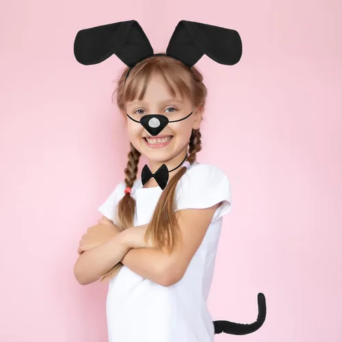 Vista 4 de Syhood Conjunto de disfraz de perro para cachorro, diadema con orejas de perro, corbatín, nariz, cola, guantes, accesorios de disfraz de animales