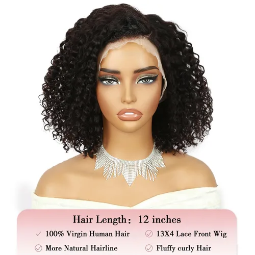 Vista 2 de Peluca de cabello humano corto y rizado con encaje frontal de 13 x 4, sin pegamento, peluca de cabello virgen brasileño rizado HD transparente