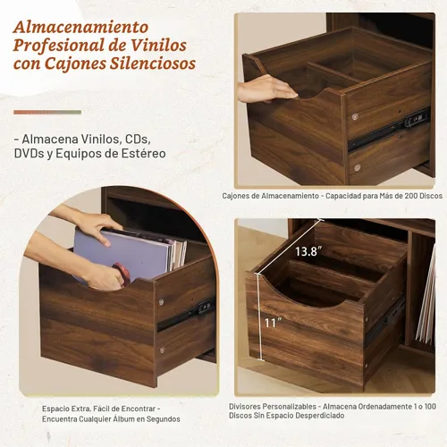 Vista 4 de Bikoney - Soporte para tocadiscos con almacenamiento de vinilo, nogal