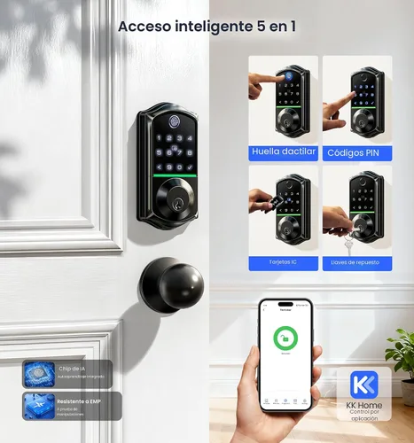 Vista 3 de Veise VE017-K - Cerradura inteligente de huellas dactilares con 2 perillas, control de aplicación, juego de cerradura de puerta delantera de entrada