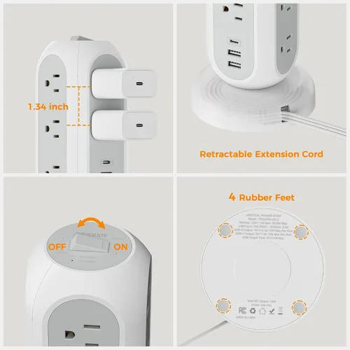 Vista 8 de Regleta con protector contra sobretensiones TESSAN, cable de extensión retráctil de 5 pies con múltiples tomas, 11 tomas con estación de carga de 3